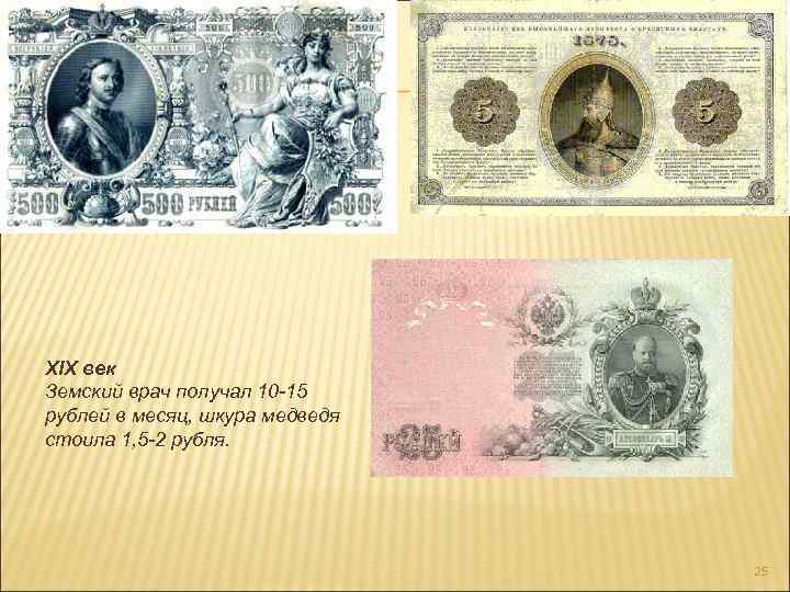 XIX век Земский врач получал 10 -15 рублей в месяц, шкура медведя стоила 1,