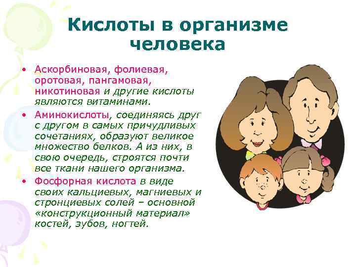 Кислоты в организме человека • Аскорбиновая, фолиевая, оротовая, пангамовая, никотиновая и другие кислоты являются