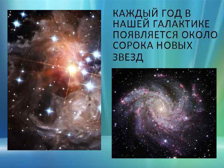 КАЖДЫЙ ГОД В НАШЕЙ ГАЛАКТИКЕ ПОЯВЛЯЕТСЯ ОКОЛО СОРОКА НОВЫХ ЗВЕЗД 