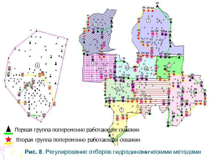 Первая группа попеременно работающих скважин Вторая группа попеременно работающих скважин Рис. 8. Регулирование отборов