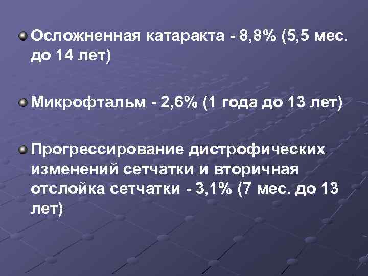 Осложненная катаракта 8, 8% (5, 5 мес. до 14 лет) Микрофтальм 2, 6% (1