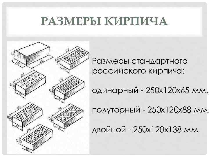 РАЗМЕРЫ КИРПИЧА Размеры стандартного российского кирпича: одинарный - 250 х120 х65 мм, полуторный -