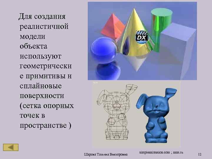 Для создания реалистичной модели объекта используют геометрически е примитивы и сплайновые поверхности (сетка опорных