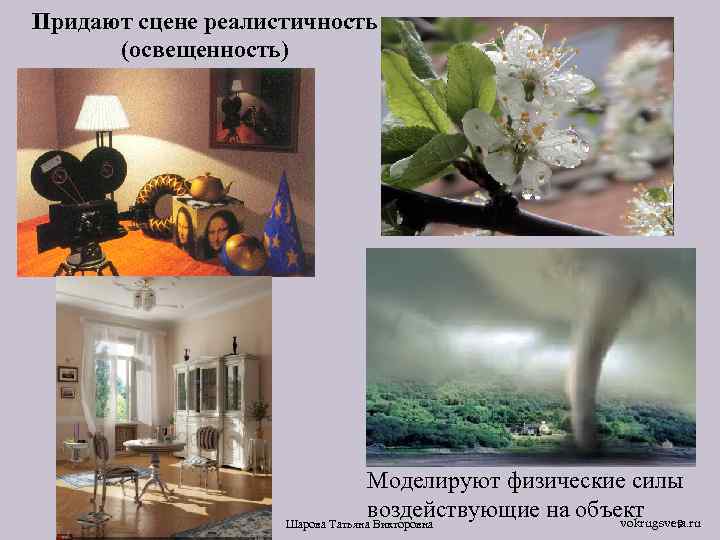 Придают сцене реалистичность (освещенность) Моделируют физические силы воздействующие на объект 9 vokrugsveta. ru Шарова