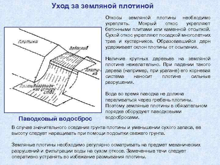 Уход за земляной плотиной Откосы земляной плотины необходимо укреплять. Мокрый откос укрепляют бетонными плитами