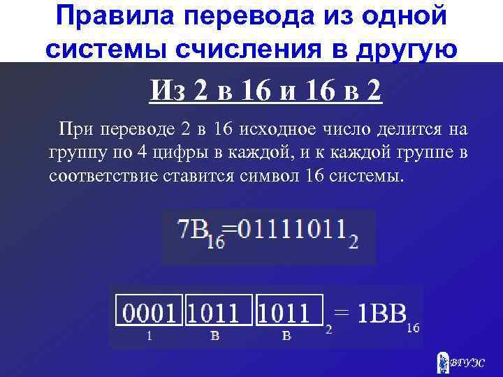 Правила перевода из одной системы счисления в другую Из 2 в 16 и 16