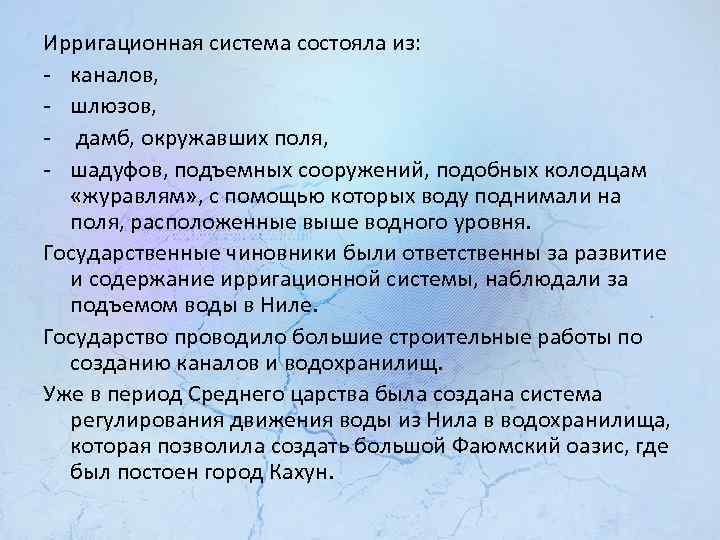 Ирригационная система состояла из: каналов, шлюзов, дамб, окружавших поля, шадуфов, подъемных сооружений, подобных колодцам