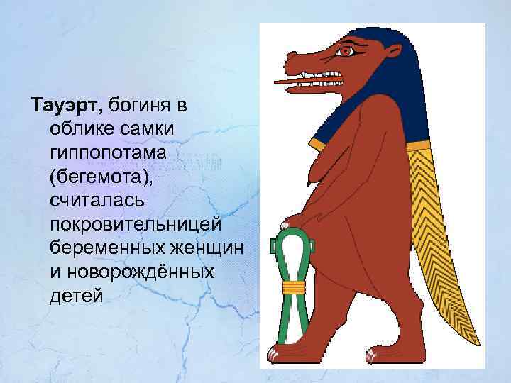 Тауэрт, богиня в облике самки гиппопотама (бегемота), считалась покровительницей беременных женщин и новорождённых детей