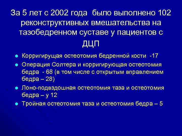 За 5 лет с 2002 года было выполнено 102 реконструктивных вмешательства на тазобедренном суставе