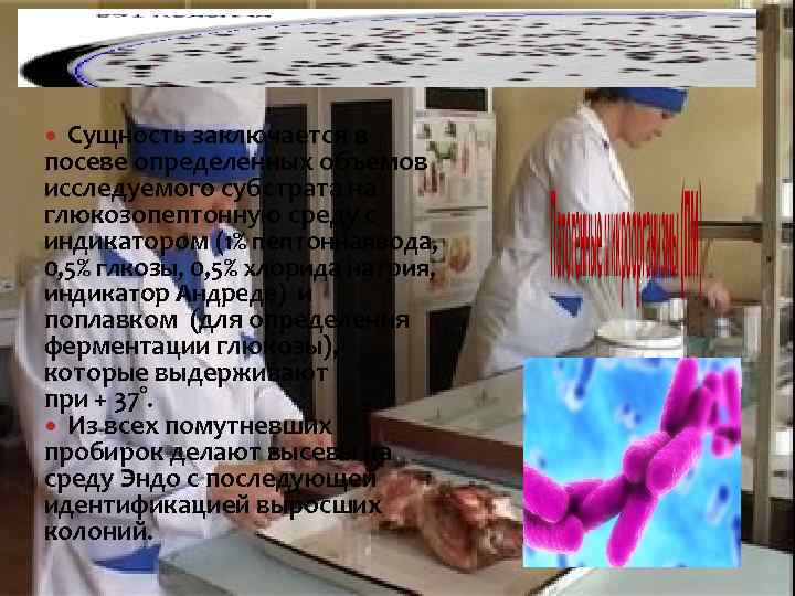 Сущность заключается в посеве определенных объемов исследуемого субстрата на глюкозопептонную среду с индикатором (1%