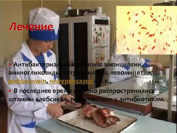 Лечение Антибактериальная терапия: ампициллин, аминогликозиды, тетрациклины, левомицетин, рифаксимин, нифуроксазид и т. п. , В