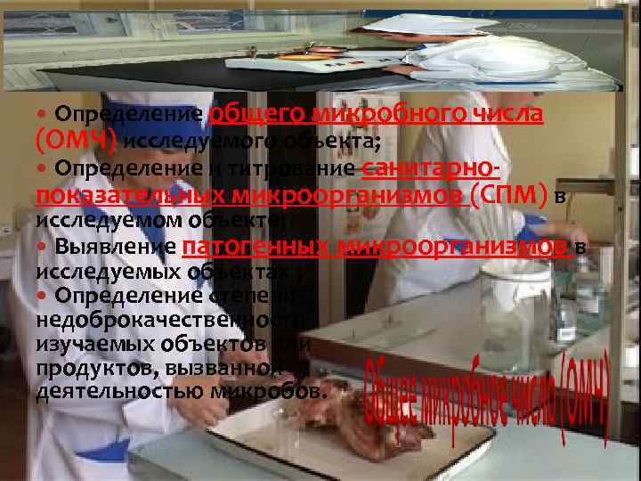 Определение общего микробного числа (ОМЧ) исследуемого объекта; Определение и титрование санитарно показательных микроорганизмов (СПМ)