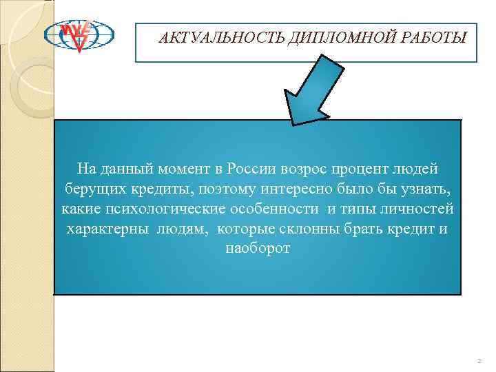 АКТУАЛЬНОСТЬ ДИПЛОМНОЙ РАБОТЫ На данный момент в России возрос процент людей берущих кредиты, поэтому
