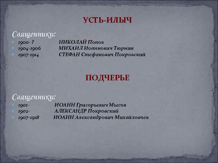 УСТЬ-ИЛЫЧ Священники: 1900 - ? 1904 -1906 1907 -1914 ПОДЧЕРЬЕ Священники: 1901 1902 1907