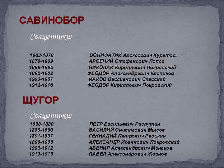  САВИНОБОР Священники: 1863 -1878 -1889 -1895 -1902 1903 -1907 1912 -1916 ВОНИФАТИЙ Алексеевич
