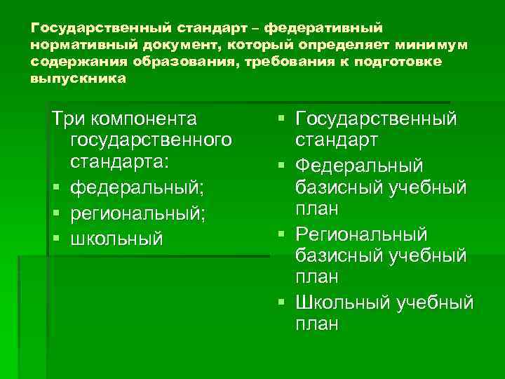 Государственный стандарт – федеративный нормативный документ, который определяет минимум содержания образования, требования к подготовке