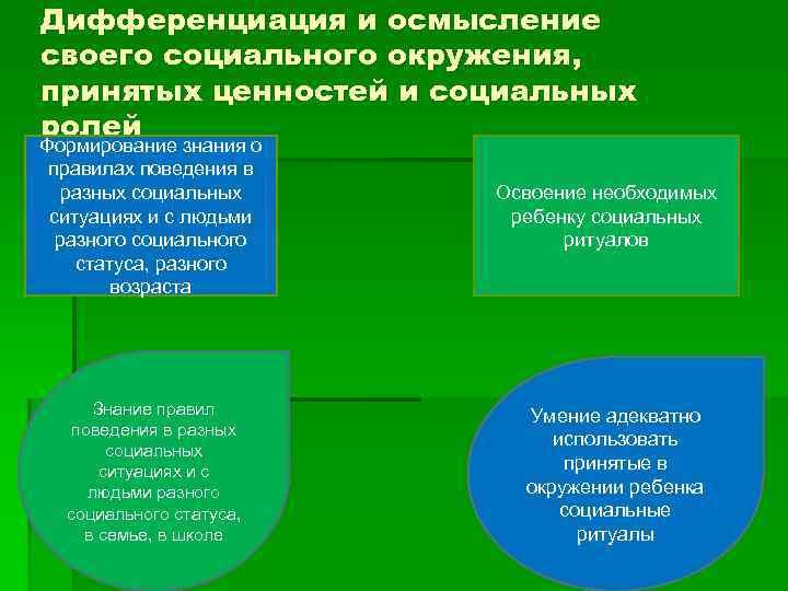 Дифференциация и осмысление своего социального окружения, принятых ценностей и социальных ролей Формирование знания о