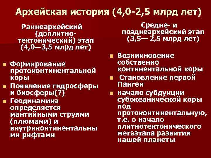 Архейская история (4, 0 -2, 5 млрд лет) Раннеархейский (доплитнотектонический) этап (4, 0— 3,
