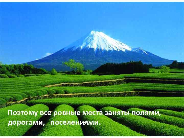 Поэтому все ровные места заняты полями, дорогами, поселениями. 