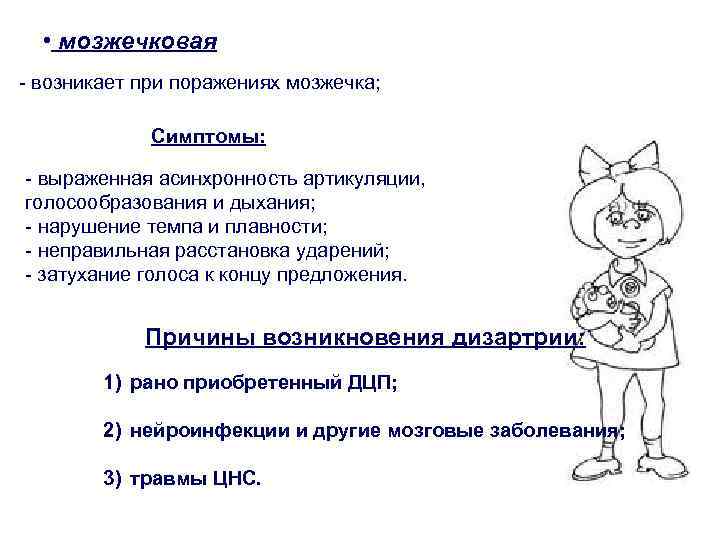  • мозжечковая - возникает при поражениях мозжечка; Симптомы: - выраженная асинхронность артикуляции, голосообразования