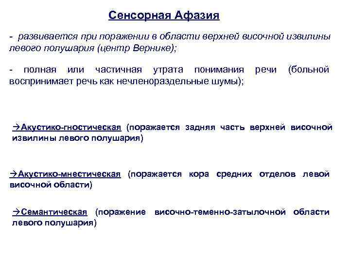 Сенсорная Афазия - развивается при поражении в области верхней височной извилины левого полушария (центр