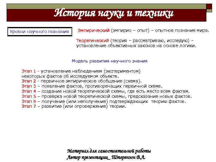 История науки и техники Уровни научного познания Эмпирический (эмпирио – опыт) – опытное познание