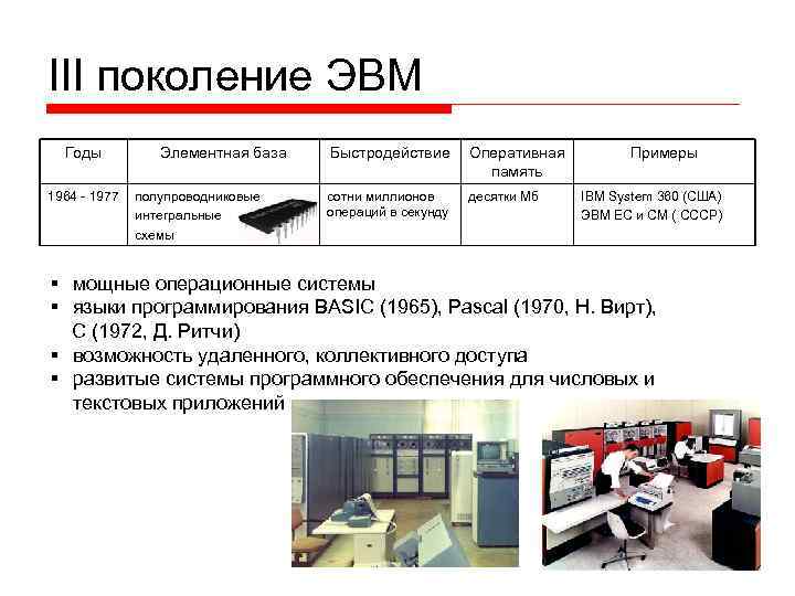 III поколение ЭВМ Годы 1964 - 1977 Элементная база полупроводниковые интегральные схемы Быстродействие Оперативная