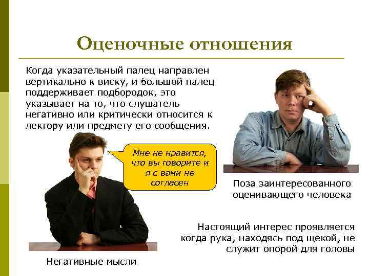 Оценочные отношения Когда указательный палец направлен вертикально к виску, и большой палец поддерживает подбородок,