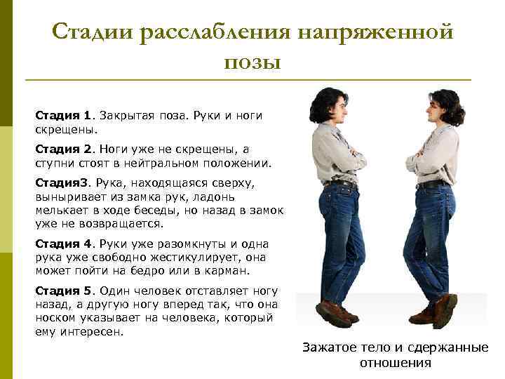 Стадии расслабления напряженной позы Стадия 1. Закрытая поза. Руки и ноги скрещены. Стадия 2.