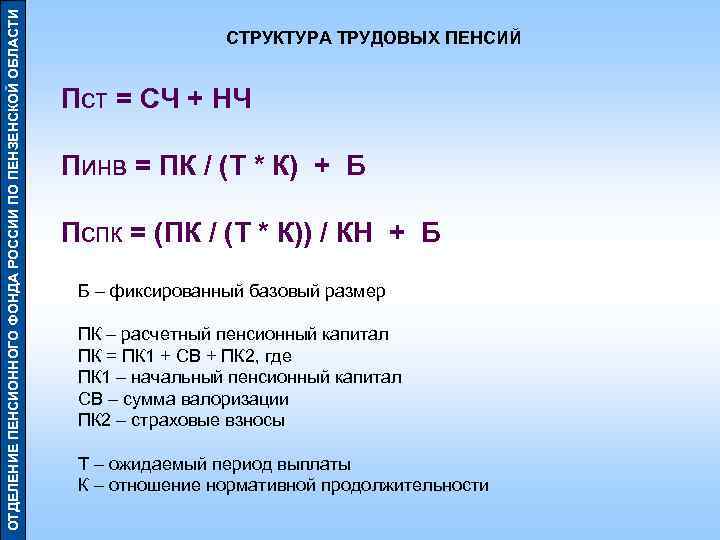 ОТДЕЛЕНИЕ ПЕНСИОННОГО ФОНДА РОССИИ ПО ПЕНЗЕНСКОЙ ОБЛАСТИ СТРУКТУРА ТРУДОВЫХ ПЕНСИЙ Пст = СЧ +