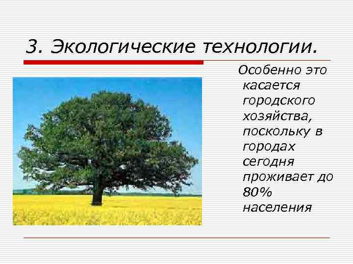 3. Экологические технологии. Особенно это касается городского хозяйства, поскольку в городах сегодня проживает до