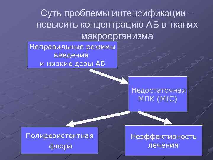 Суть проблемы интенсификации – повысить концентрацию АБ в тканях макроорганизма Неправильные режимы введения и