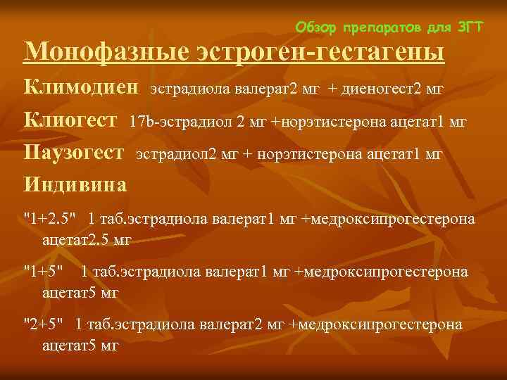  Обзор препаратов для ЗГТ Монофазные эстроген-гестагены Климодиен эстрадиола валерат2 мг + диеногест2 мг