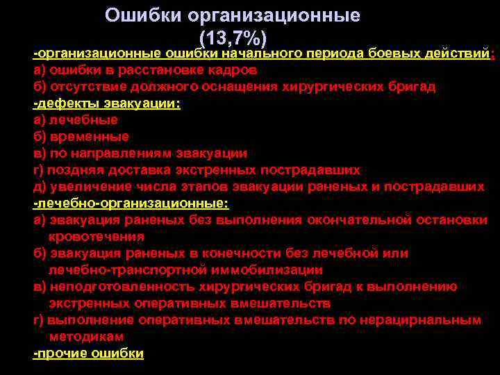 Ошибки организационные (13, 7%) -организационные ошибки начального периода боевых действий: а) ошибки в расстановке