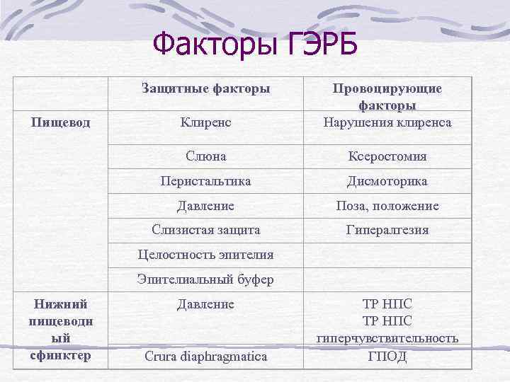 Факторы ГЭРБ Защитные факторы Пищевод Клиренс Провоцирующие факторы Нарушения клиренса Слюна Ксеростомия Перистальтика Дисмоторика