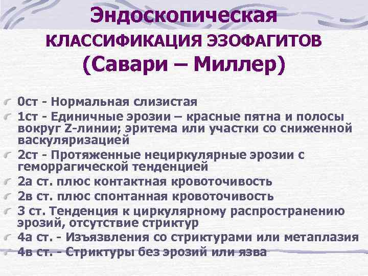 Эндоскопическая КЛАССИФИКАЦИЯ ЭЗОФАГИТОВ (Савари – Миллер) 0 ст - Нормальная слизистая 1 ст -