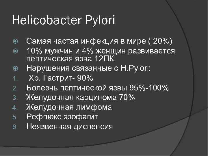 Helicobacter Pylori Самая частая инфекция в мире ( 20%) 10% мужчин и 4% женщин