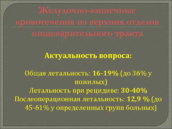 Желудочно-кишечные кровотечения из верхних отделов пищеварительного тракта Актуальность вопроса: Общая летальность: 16 -19% (до