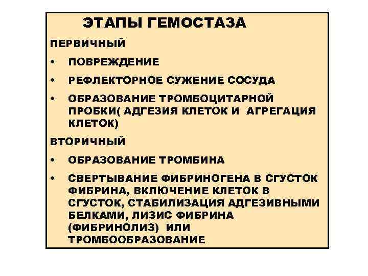 ЭТАПЫ ГЕМОСТАЗА ПЕРВИЧНЫЙ • ПОВРЕЖДЕНИЕ • РЕФЛЕКТОРНОЕ СУЖЕНИЕ СОСУДА • ОБРАЗОВАНИЕ ТРОМБОЦИТАРНОЙ ПРОБКИ( АДГЕЗИЯ