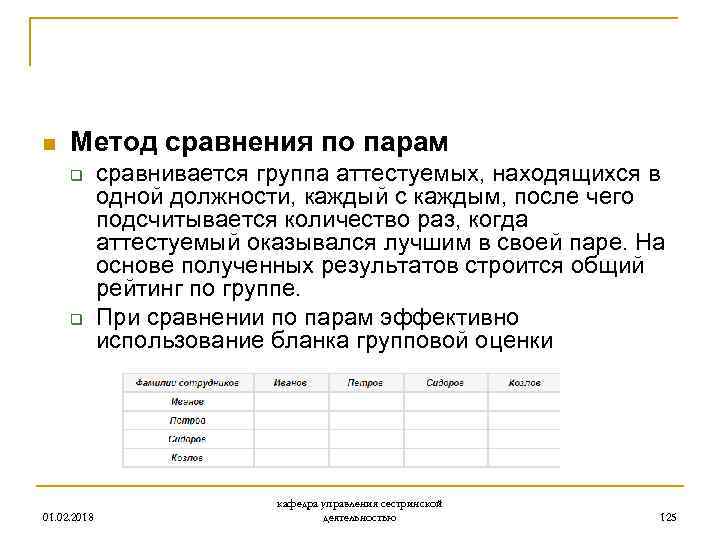 n Метод сравнения по парам q q сравнивается группа аттестуемых, находящихся в одной должности,