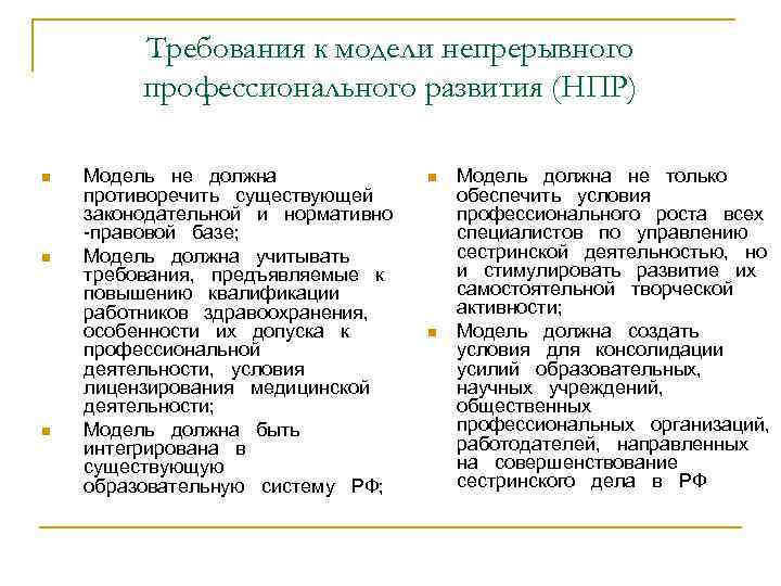 Требования к модели непрерывного профессионального развития (НПР) n n n Модель не должна противоречить