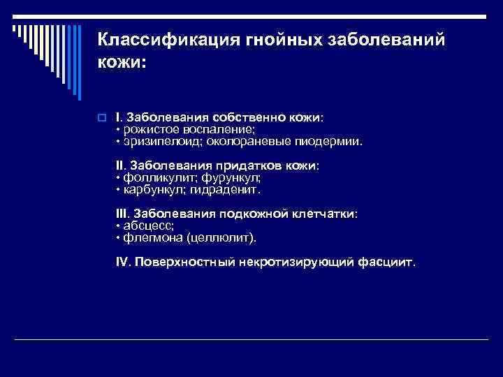 Классификация гнойных заболеваний кожи: o I. Заболевания собственно кожи: • рожистое воспаление; • эризипелоид;