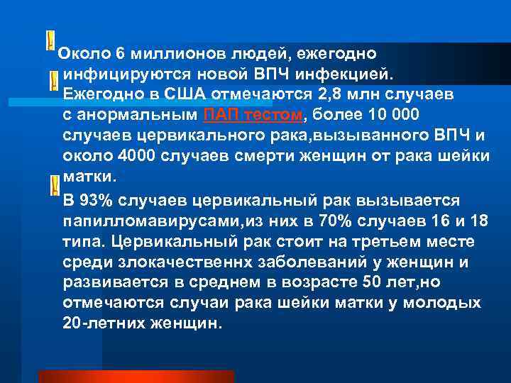  Около 6 миллионов людей, ежегодно инфицируются новой ВПЧ инфекцией. Ежегодно в США отмечаются