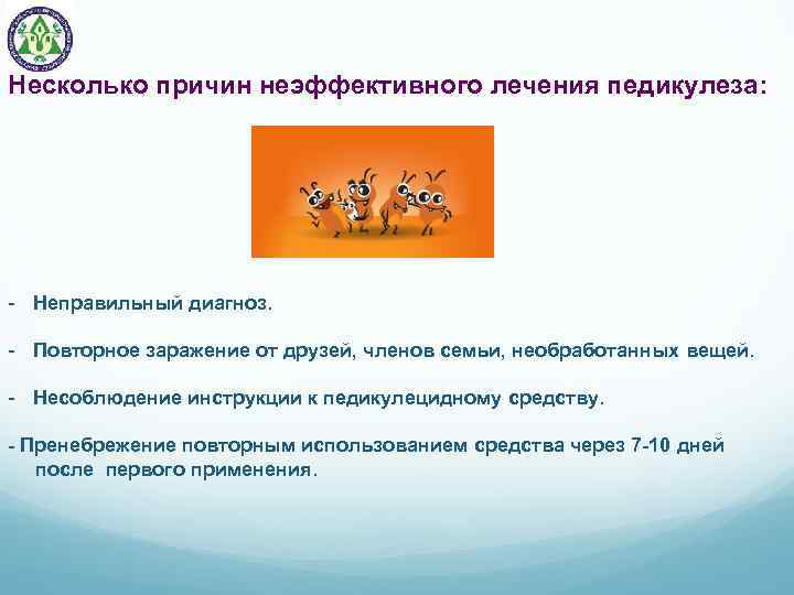 Несколько причин неэффективного лечения педикулеза: - Неправильный диагноз. - Повторное заражение от друзей, членов