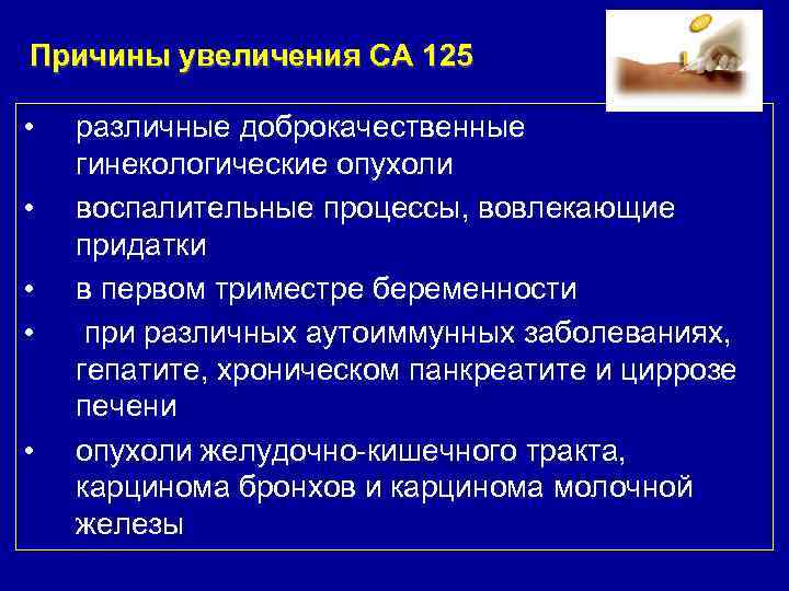 Причины увеличения CA 125 • • • различные доброкачественные гинекологические опухоли воспалительные процессы, вовлекающие