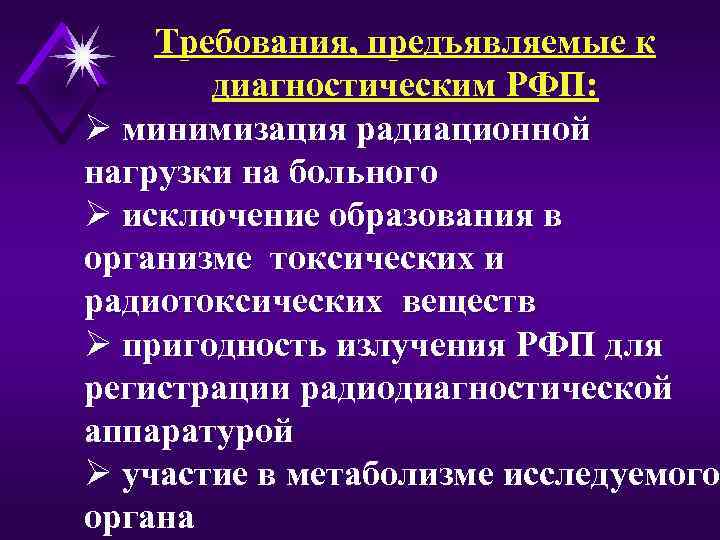 Требования, предъявляемые к диагностическим РФП: Ø минимизация радиационной нагрузки на больного Ø исключение образования