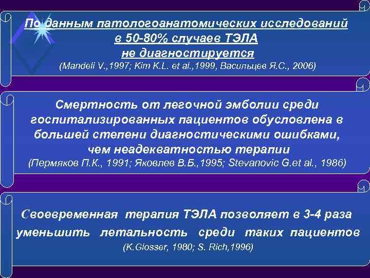 По данным патологоанатомических исследований в 50 -80% случаев ТЭЛА не диагностируется (Mandeli V. ,