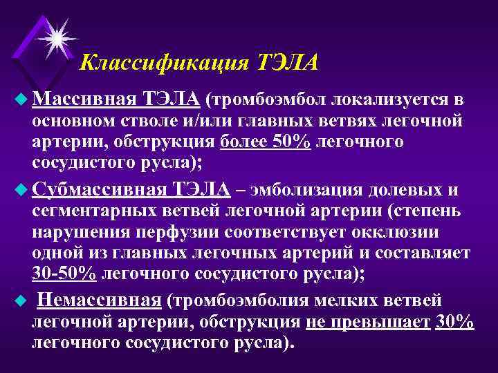 Классификация ТЭЛА u Массивная ТЭЛА (тромбоэмбол локализуется в основном стволе и/или главных ветвях легочной