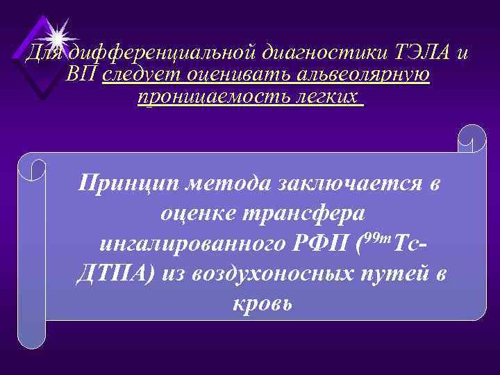 Для дифференциальной диагностики ТЭЛА и ВП следует оценивать альвеолярную проницаемость легких Принцип метода заключается