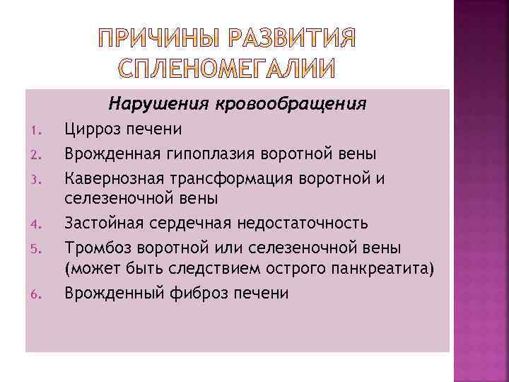 Нарушения кровообращения 1. 2. 3. 4. 5. 6. Цирроз печени Врожденная гипоплазия воротной вены